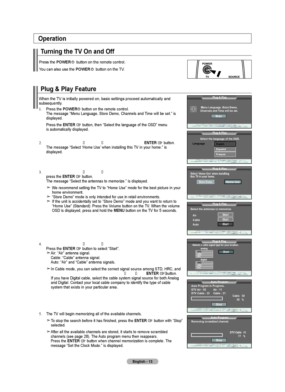 Samsung LN22A330 Operation Turning the TV On and Off, Plug & Play Feature, Press the Enter button to select Start 