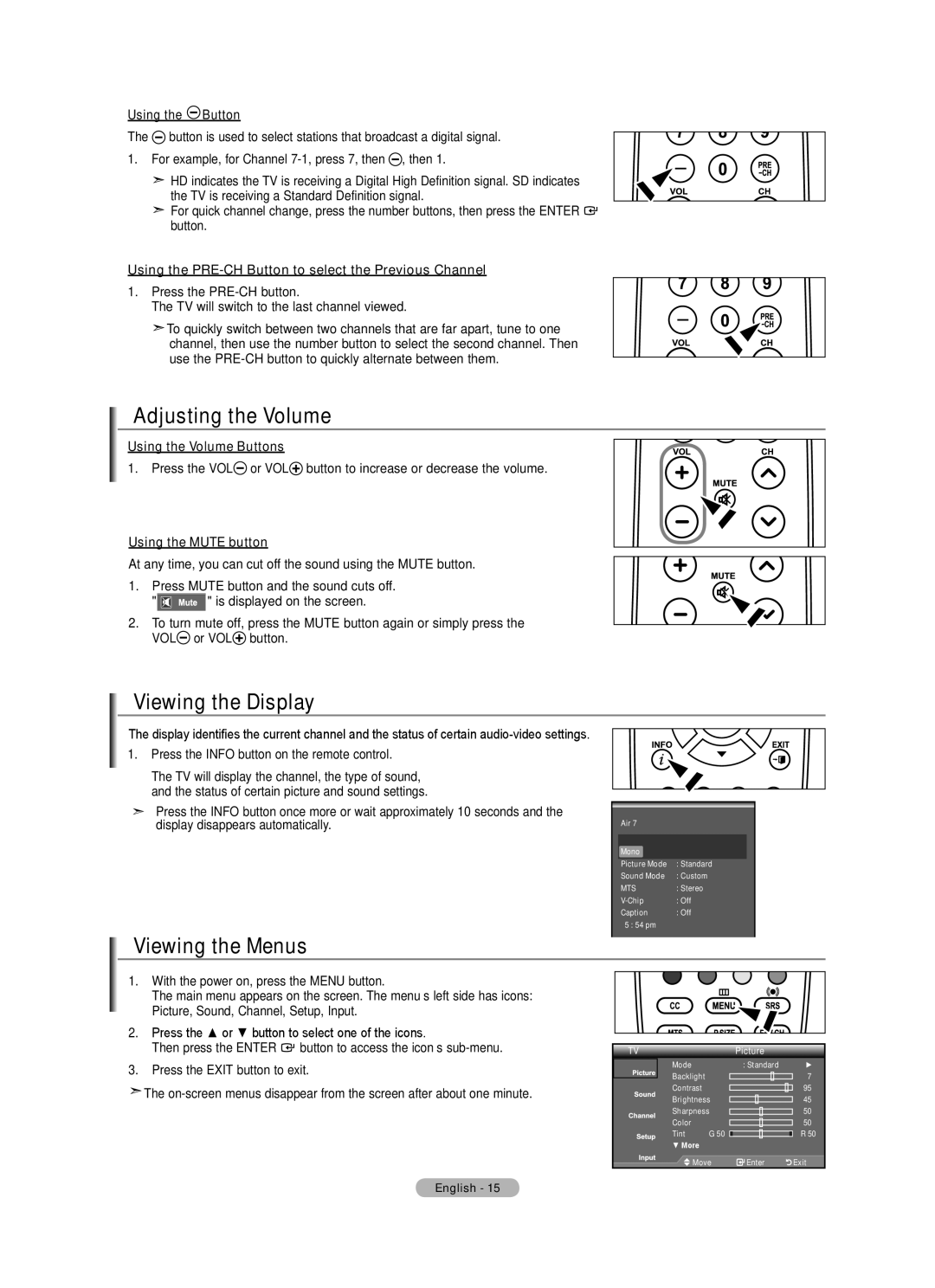 Samsung Series L3, LN22A330, LN22A0J1D user manual Adjusting the Volume, Viewing the Display, Viewing the Menus 