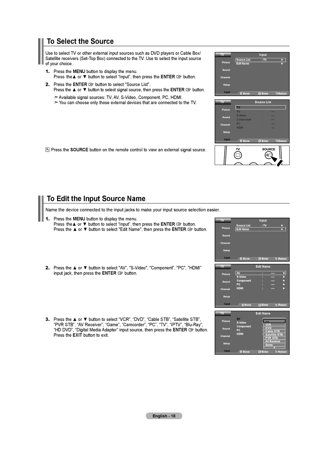 Samsung Series L3, LN22A330, LN22A0J1D user manual To Select the Source, To Edit the Input Source Name 