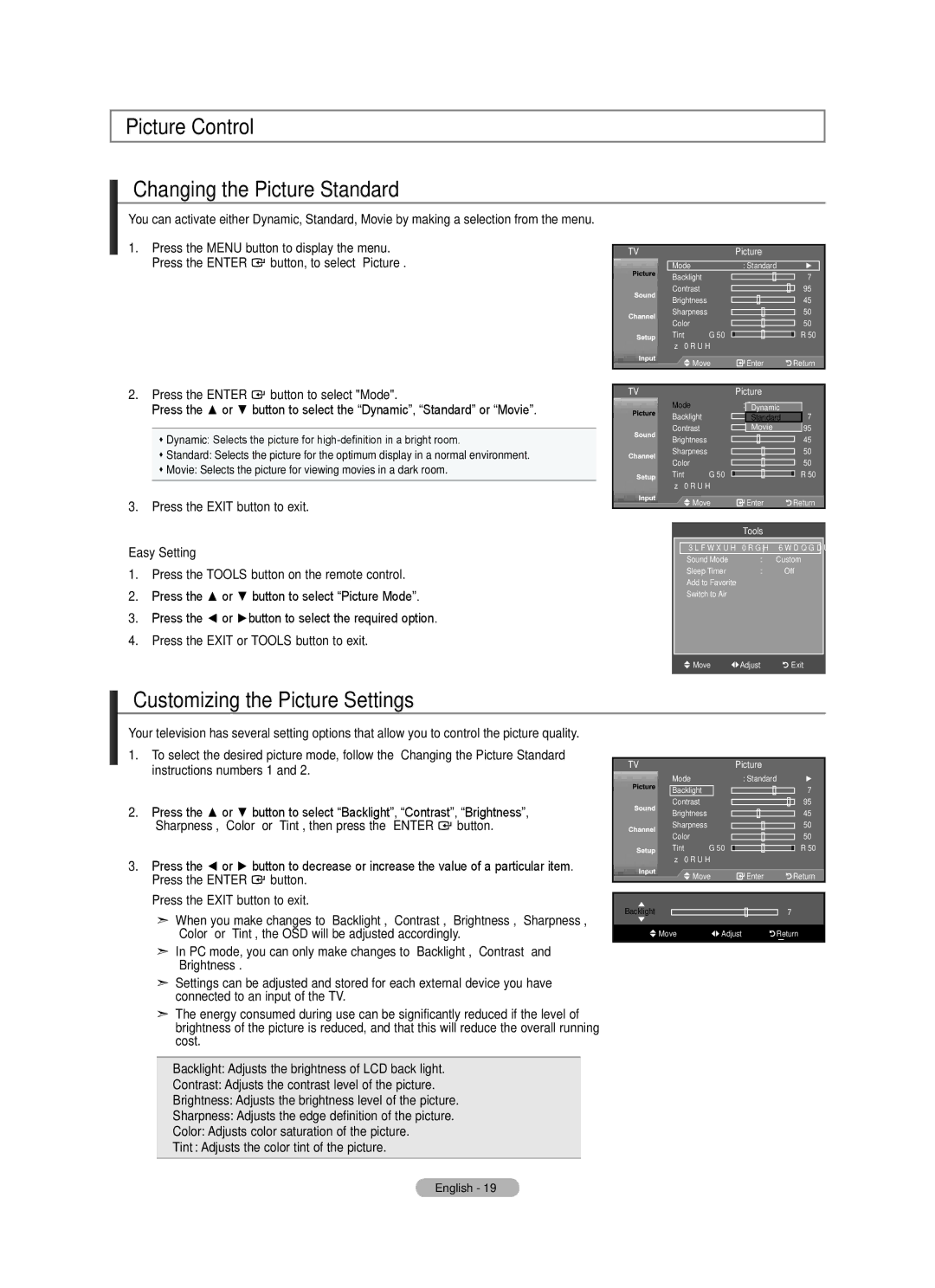 Samsung LN22A330, LN22A0J1D, Series L3 Picture Control Changing the Picture Standard, Customizing the Picture Settings 