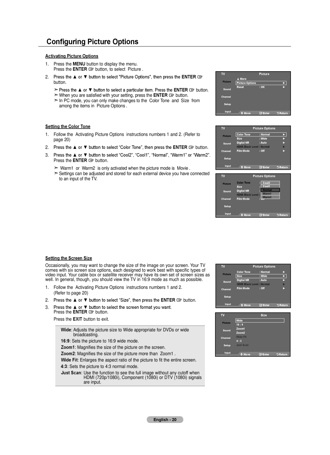 Samsung LN22A0J1D Configuring Picture Options, Activating Picture Options, Setting the Color Tone, Setting the Screen Size 