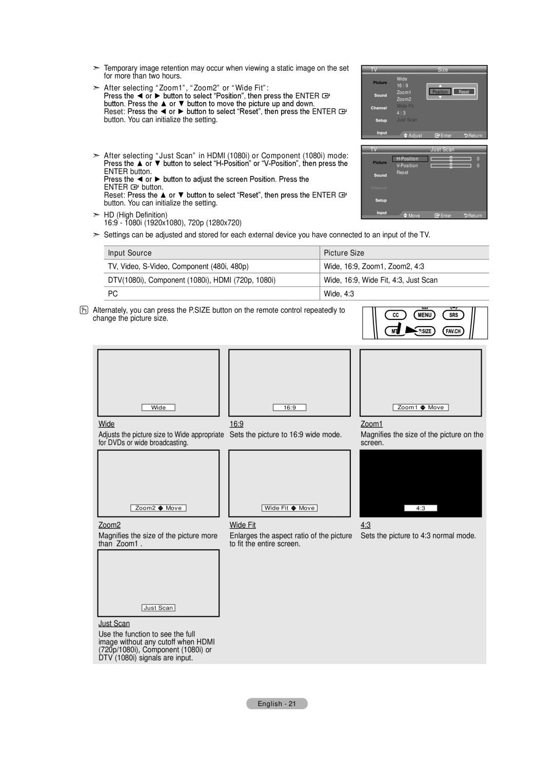 Samsung Series L3 After selecting Zoom1, Zoom2 or Wide Fit, Input Source Picture Size, For DVDs or wide broadcasting 