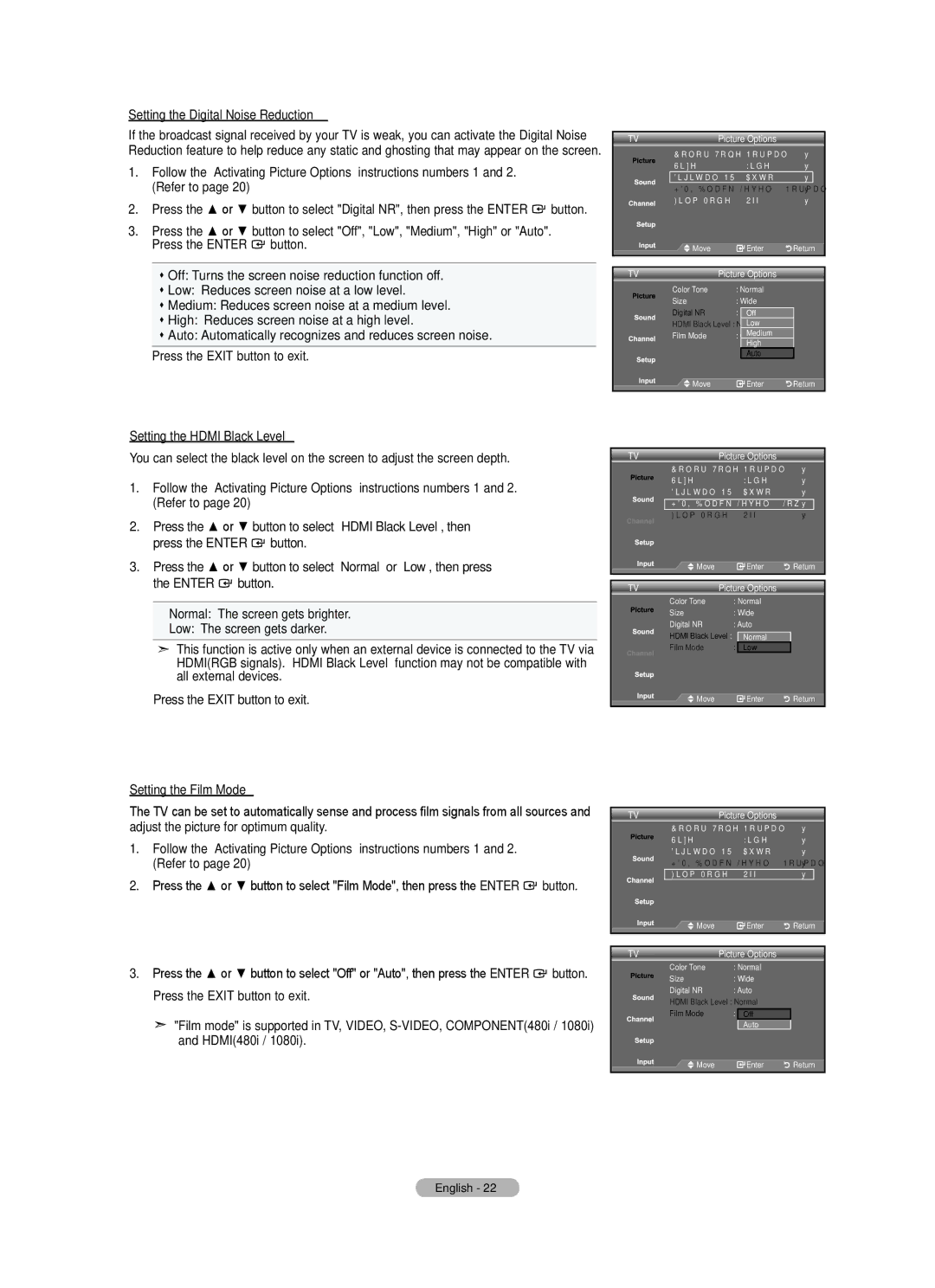 Samsung LN22A330, LN22A0J1D Setting the Digital Noise Reduction, Setting the Hdmi Black Level, Setting the Film Mode 