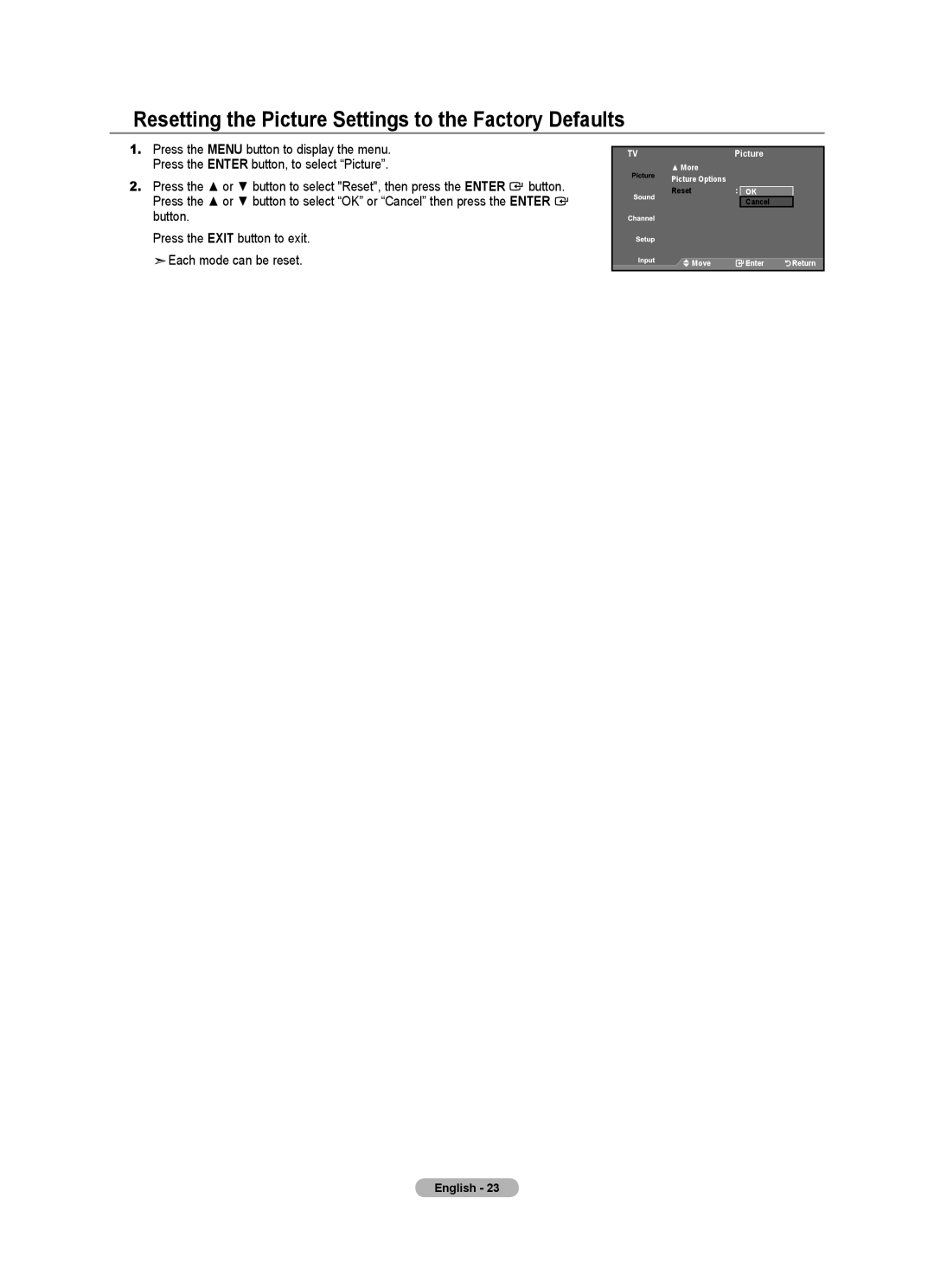 Samsung LN22A0J1D, LN22A330, Series L3 user manual Resetting the Picture Settings to the Factory Defaults, TVPicture 