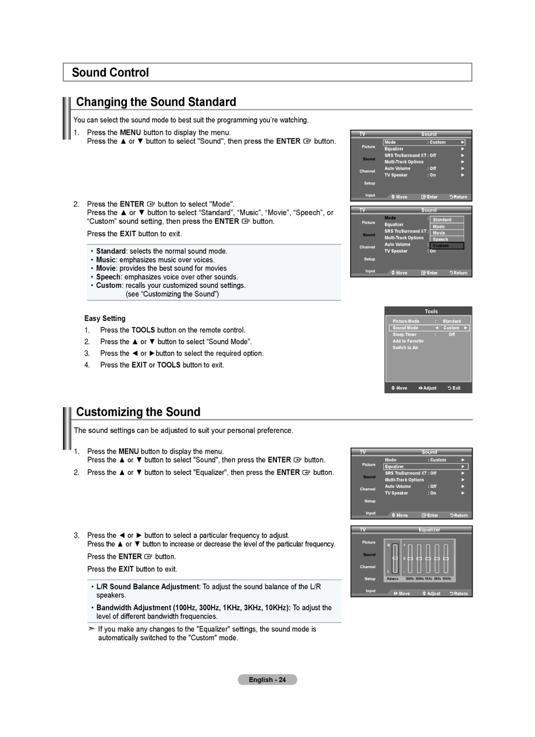 Samsung Series L3, LN22A330, LN22A0J1D user manual Sound Control Changing the Sound Standard, Customizing the Sound 