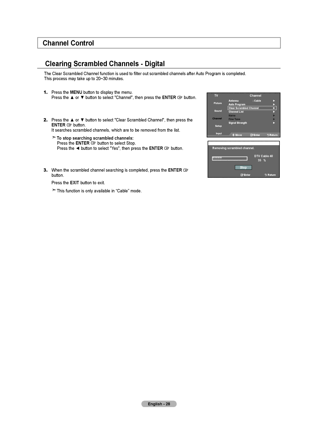 Samsung LN22A330, LN22A0J1D Channel Control Clearing Scrambled Channels Digital, To stop searching scrambled channels 