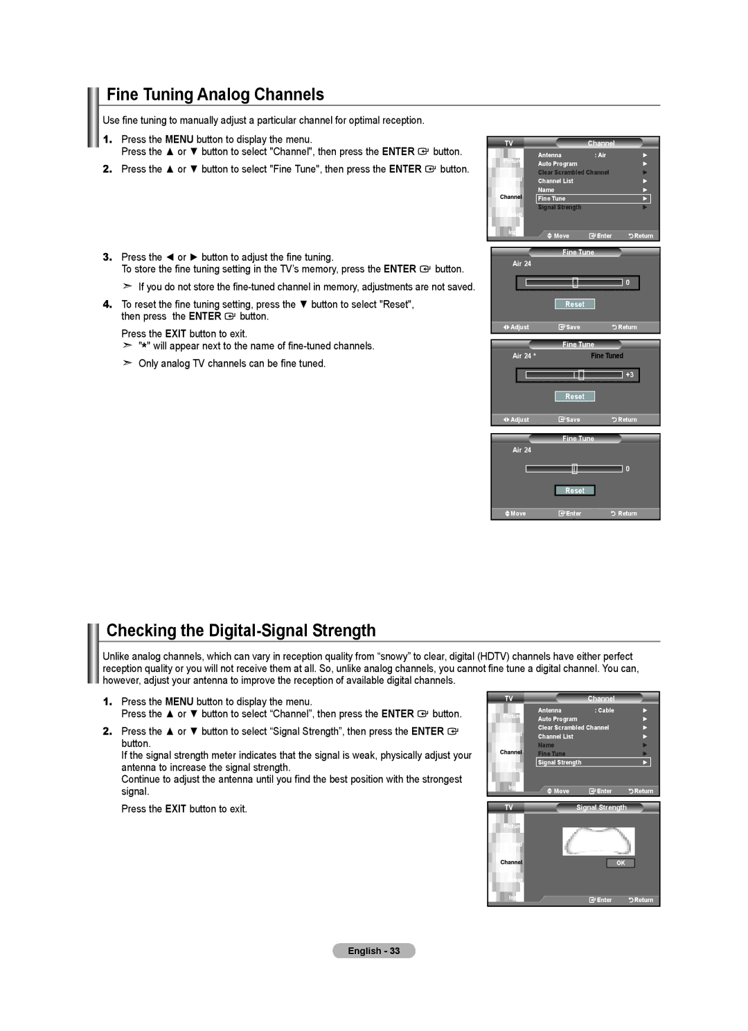 Samsung Series L3, LN22A330, LN22A0J1D user manual Fine Tuning Analog Channels, Checking the Digital-Signal Strength 