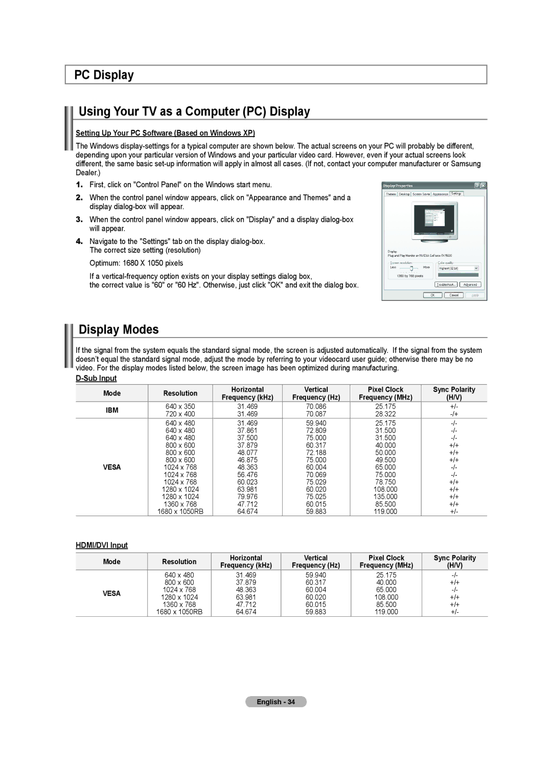 Samsung LN22A330, LN22A0J1D PC Display Using Your TV as a Computer PC Display, Display Modes, Sub Input, HDMI/DVI Input 