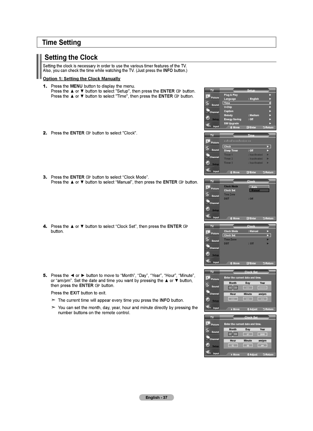 Samsung LN22A330, LN22A0J1D, Series L3 user manual Time Setting Setting the Clock, Option 1 Setting the Clock Manually 