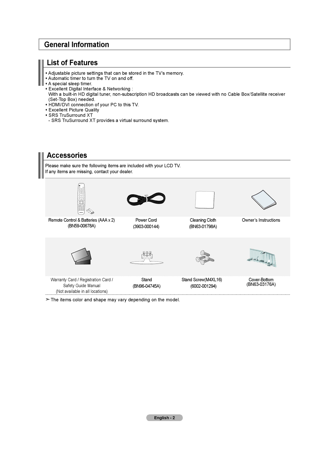 Samsung LN22A0J1D, LN22A330, Series L3 General Information List of Features, Accessories, 3903-000144, 6002-001294 