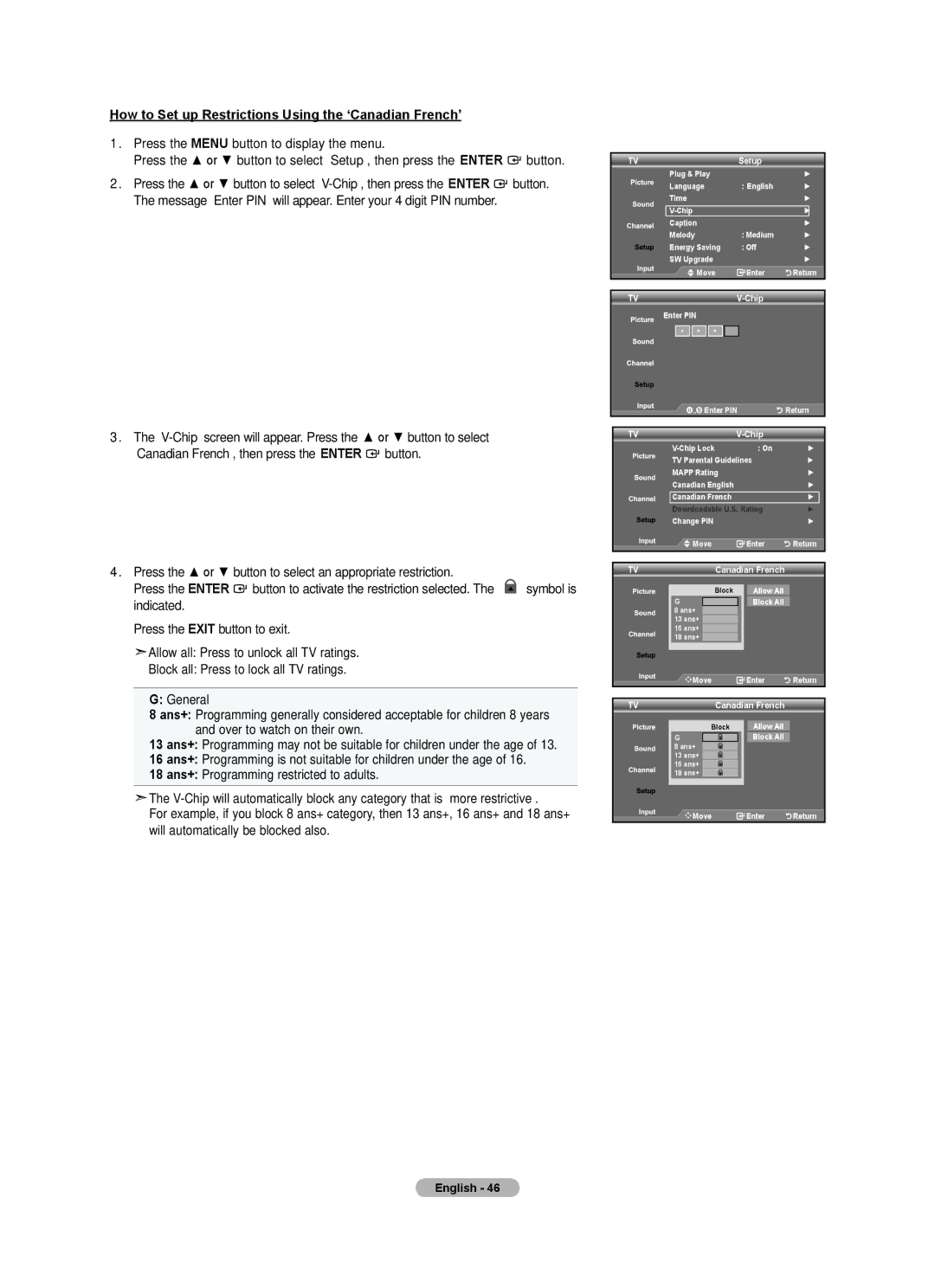 Samsung LN22A330, LN22A0J1D, Series L3 user manual How to Set up Restrictions Using the ‘Canadian French’, Chip 