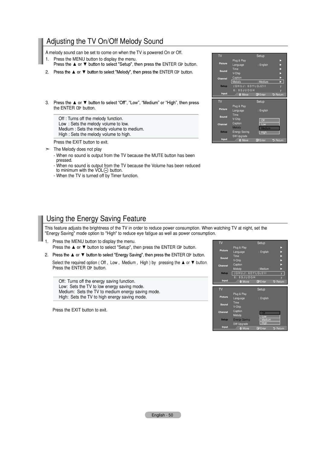 Samsung LN22A0J1D, LN22A330 Adjusting the TV On/Off Melody Sound, Using the Energy Saving Feature, Melody does not play 