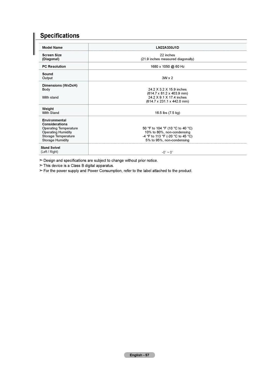 Samsung Series L3, LN22A330, LN22A0J1D user manual Specifications, Dimensions WxDxH 