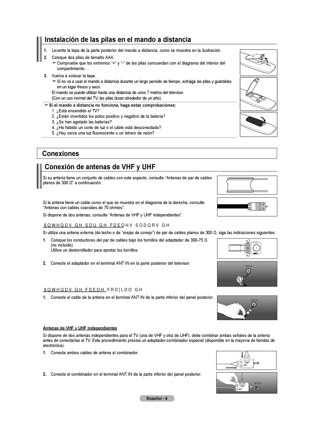 Samsung LN22A330, LN22A0J1D Instalación de las pilas en el mando a distancia, Conexiones Conexión de antenas de VHF y UHF 