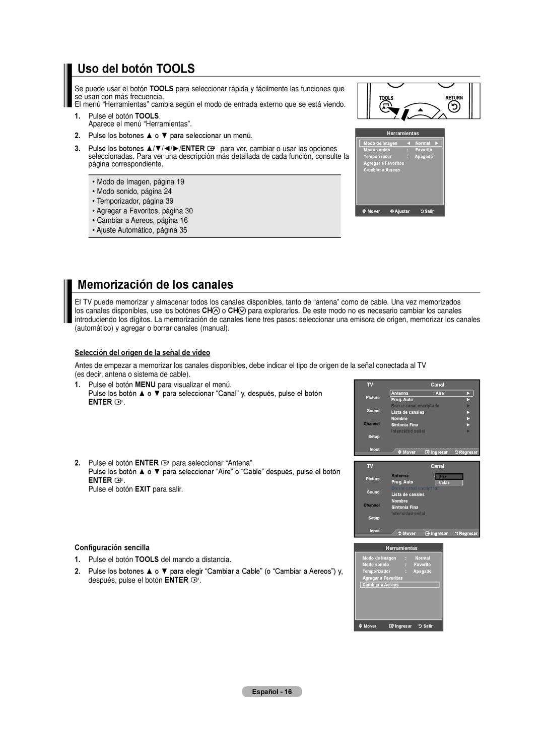 Samsung LN22A0J1D, LN22A330 Uso del botón Tools, Memorización de los canales, Selección del origen de la señal de vídeo 