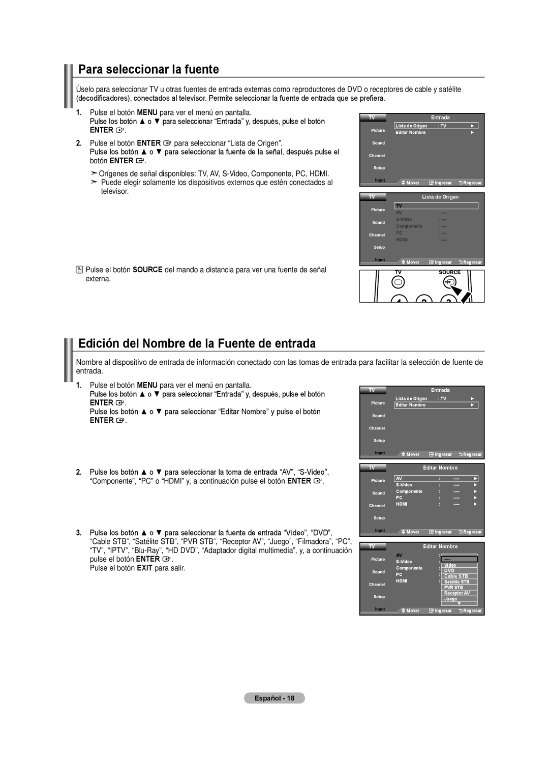 Samsung LN22A330, LN22A0J1D Para seleccionar la fuente, Edición del Nombre de la Fuente de entrada, Entrada, Editar Nombre 