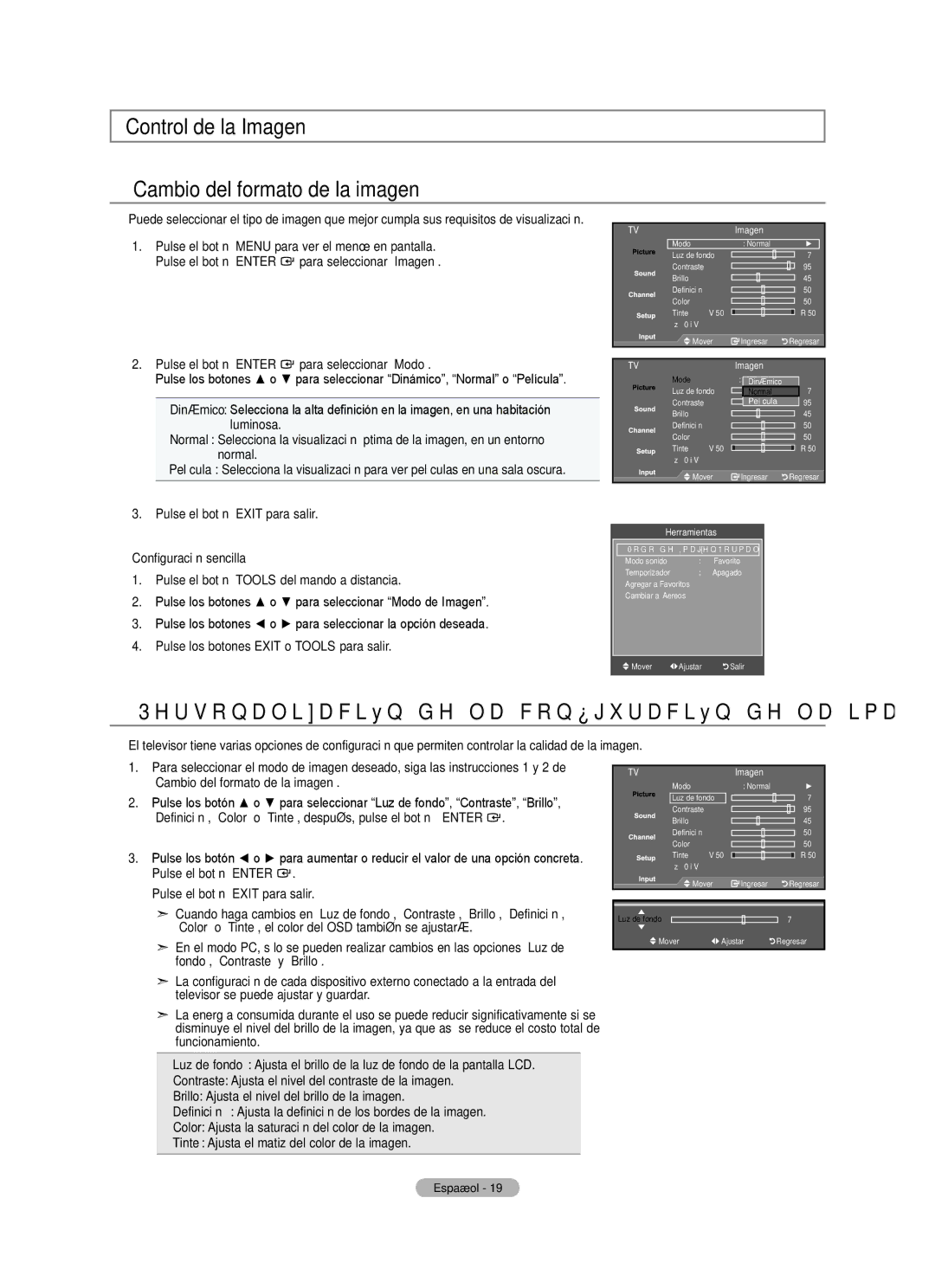 Samsung LN22A0J1D Control de la Imagen Cambio del formato de la imagen, Personalización de la configuración de la imagen 