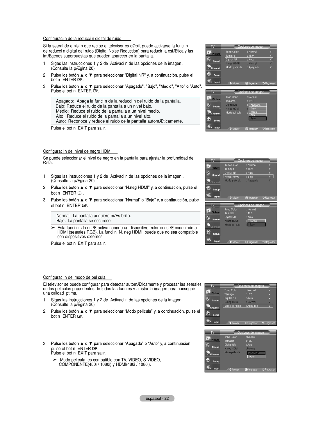 Samsung LN22A0J1D, LN22A330 Configuración de la reducción digital de ruido, Configuración del nivel de negro Hdmi 