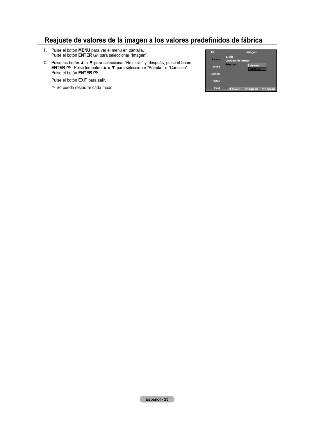 Samsung Series L3, LN22A330, LN22A0J1D user manual Se puede restaurar cada modo, TVImagen 