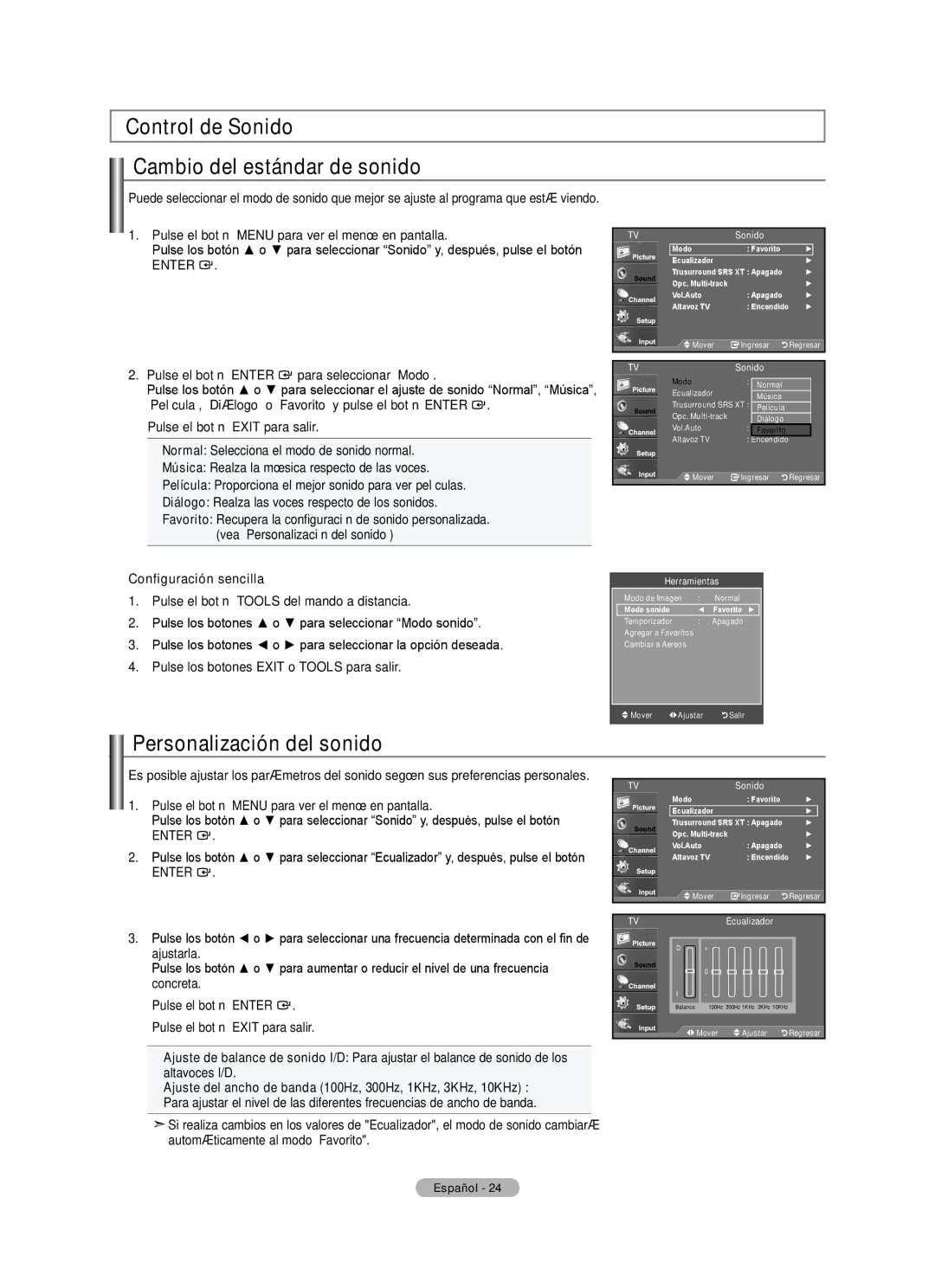 Samsung LN22A330, LN22A0J1D, Series L3 Control de Sonido Cambio del estándar de sonido, Personalización del sonido 