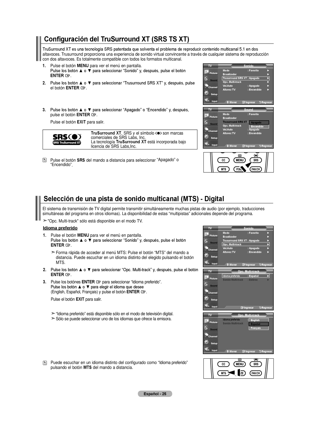 Samsung LN22A0J1D Configuración del TruSurround XT SRS TS XT, Selección de una pista de sonido multicanal MTS Digital 