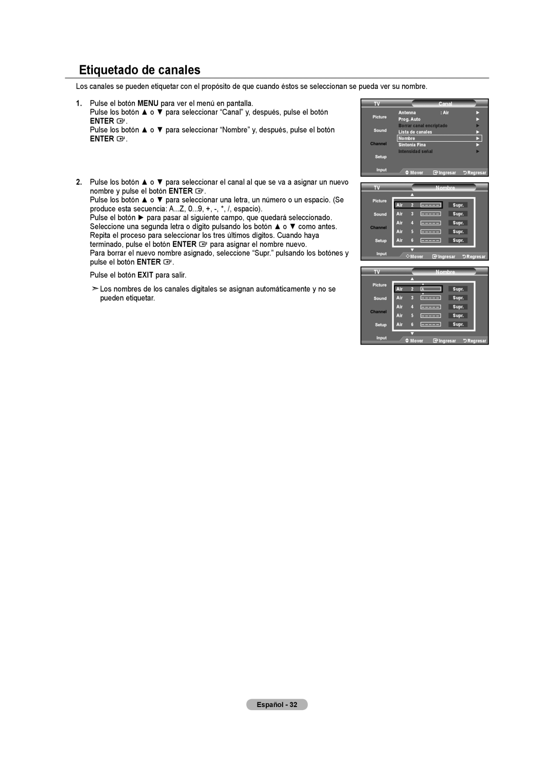 Samsung Series L3, LN22A330, LN22A0J1D user manual Etiquetado de canales, Nombre 