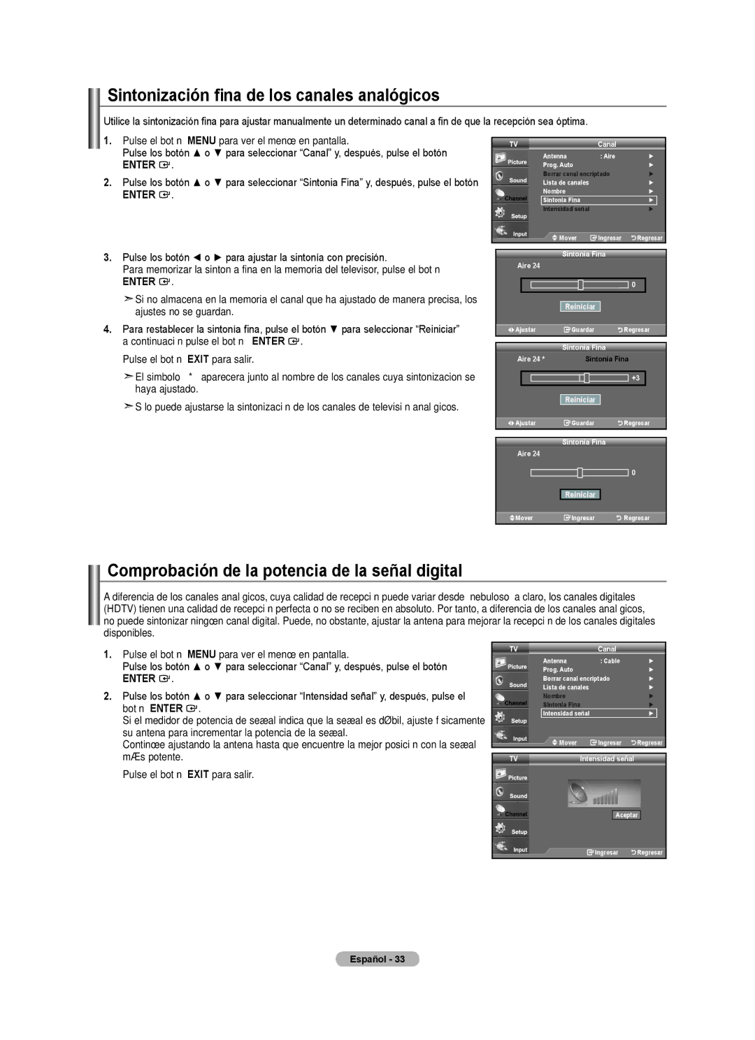 Samsung LN22A330, LN22A0J1D Sintonización fina de los canales analógicos, Comprobación de la potencia de la señal digital 