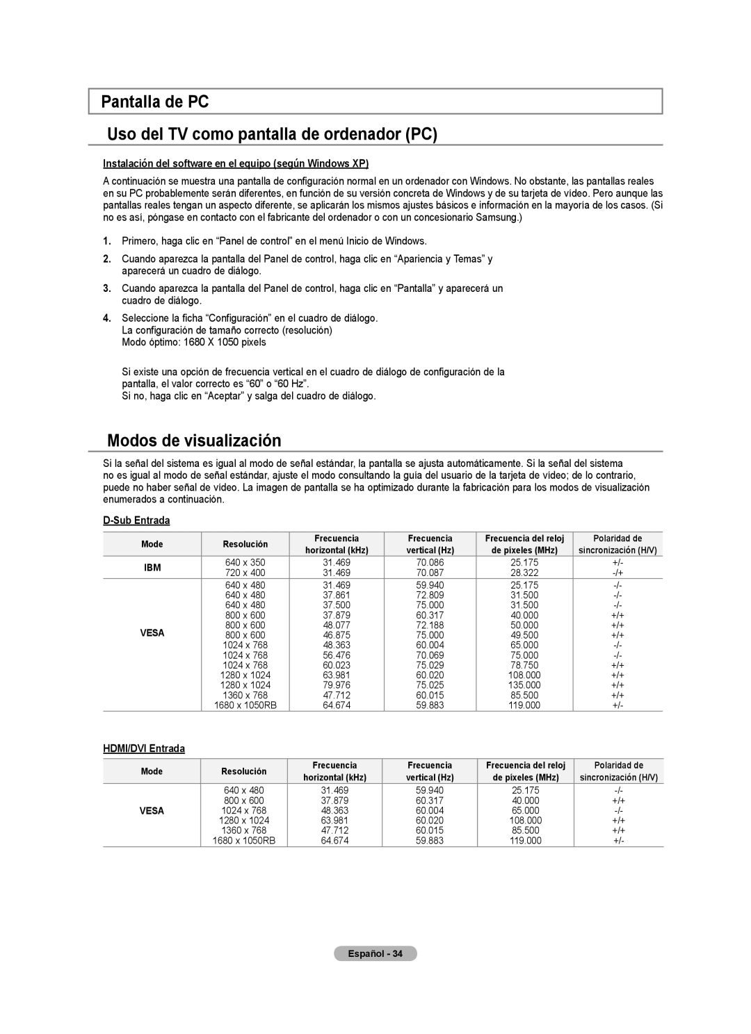 Samsung LN22A0J1D, LN22A330 Pantalla de PC Uso del TV como pantalla de ordenador PC, Modos de visualización, Sub Entrada 