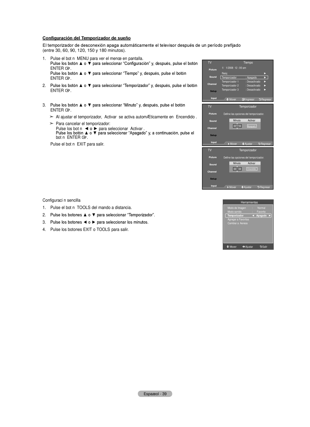 Samsung LN22A330, LN22A0J1D Configuración del Temporizador de sueño, Para cancelar el temporizador, TVTemporizador 