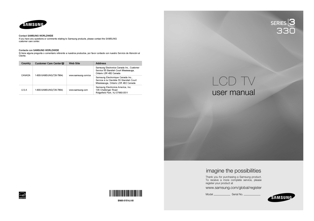 Samsung LN22A0J1D user manual Lcd Tv, imagine the possibilities, Model, Country, Customer Care Center, Web Site, Address 