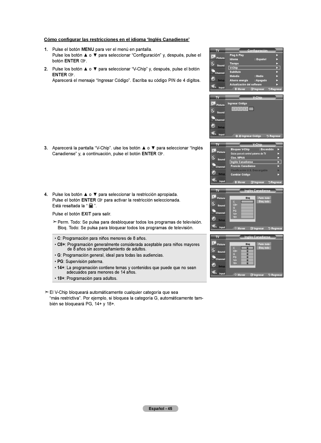 Samsung LN22A330, LN22A0J1D, Series L3 user manual Cómo configurar las restricciones en el idioma ‘Inglés Canadiense’, Enter 