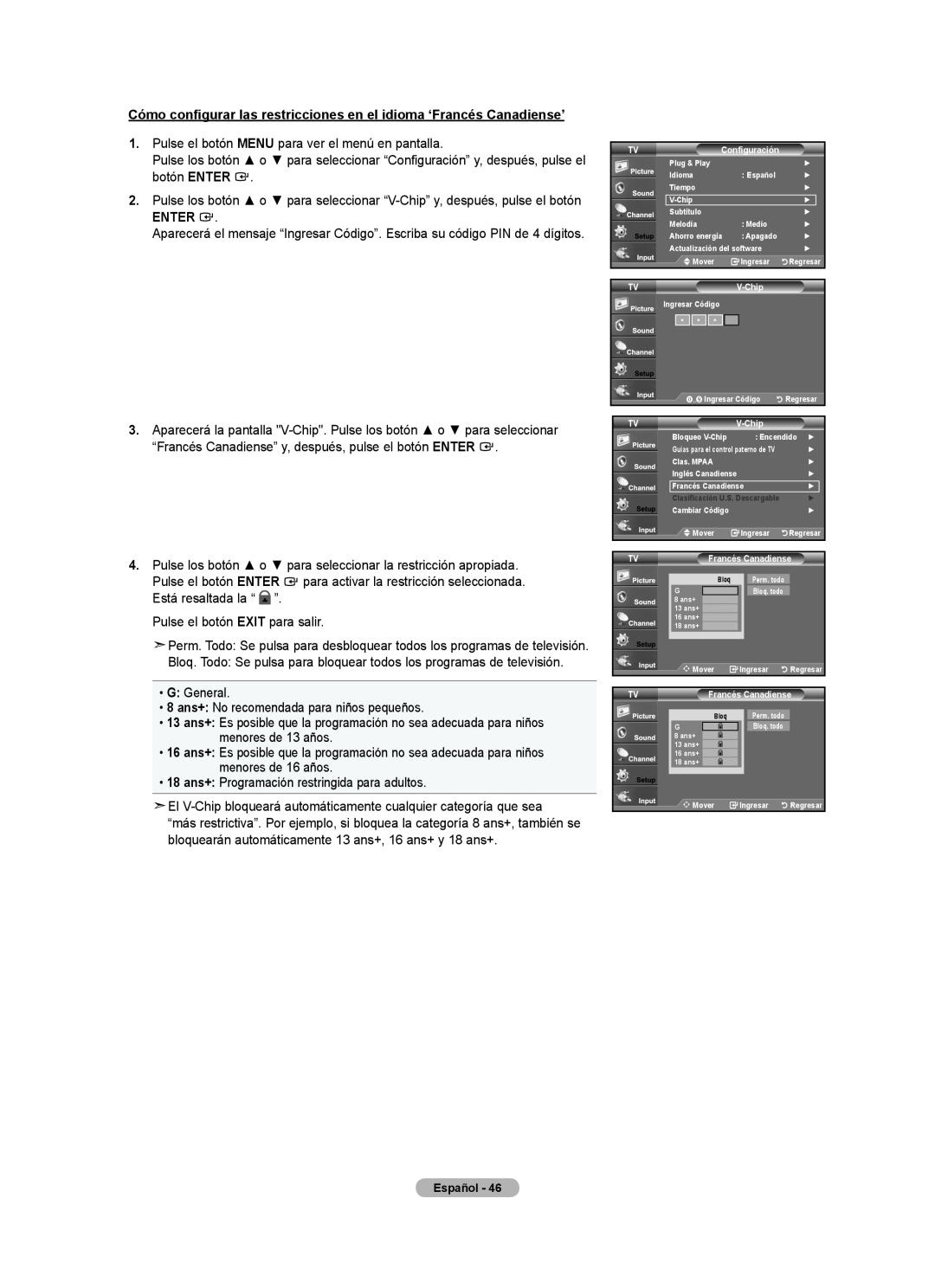 Samsung LN22A0J1D, LN22A330, Series L3 user manual Cómo configurar las restricciones en el idioma ‘Francés Canadiense’, Enter 