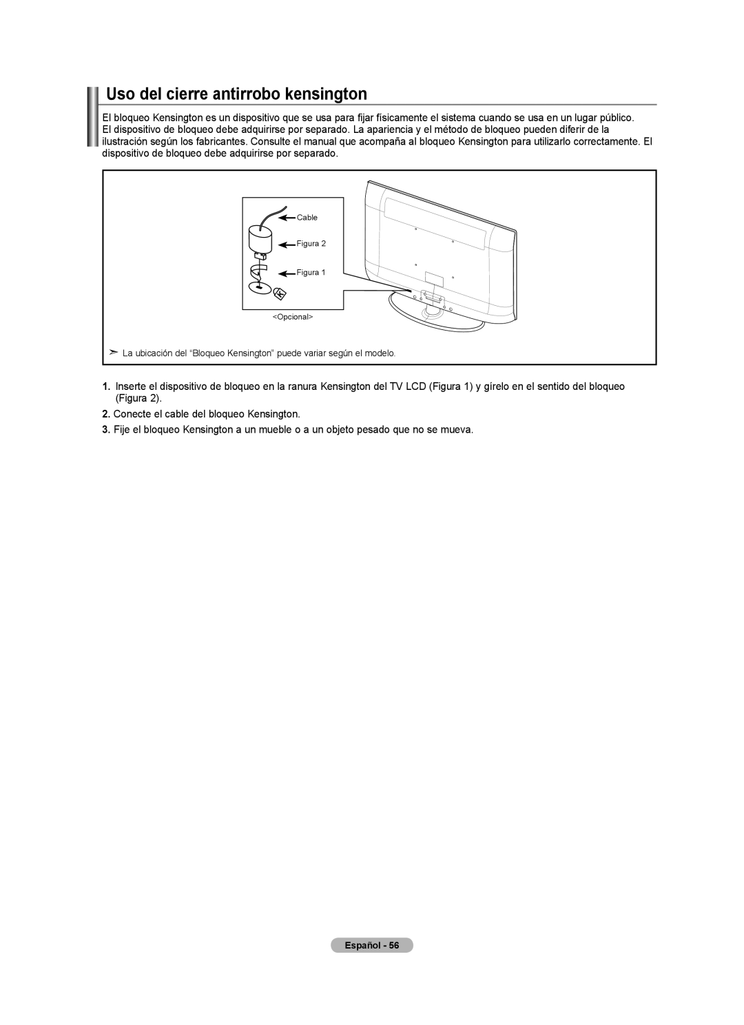 Samsung Series L3, LN22A330, LN22A0J1D user manual Uso del cierre antirrobo kensington 