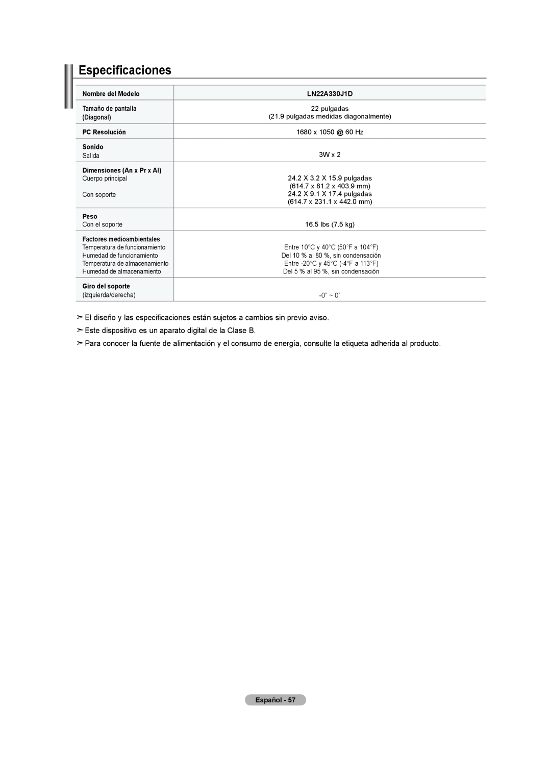 Samsung LN22A330, LN22A0J1D, Series L3 user manual Especificaciones 