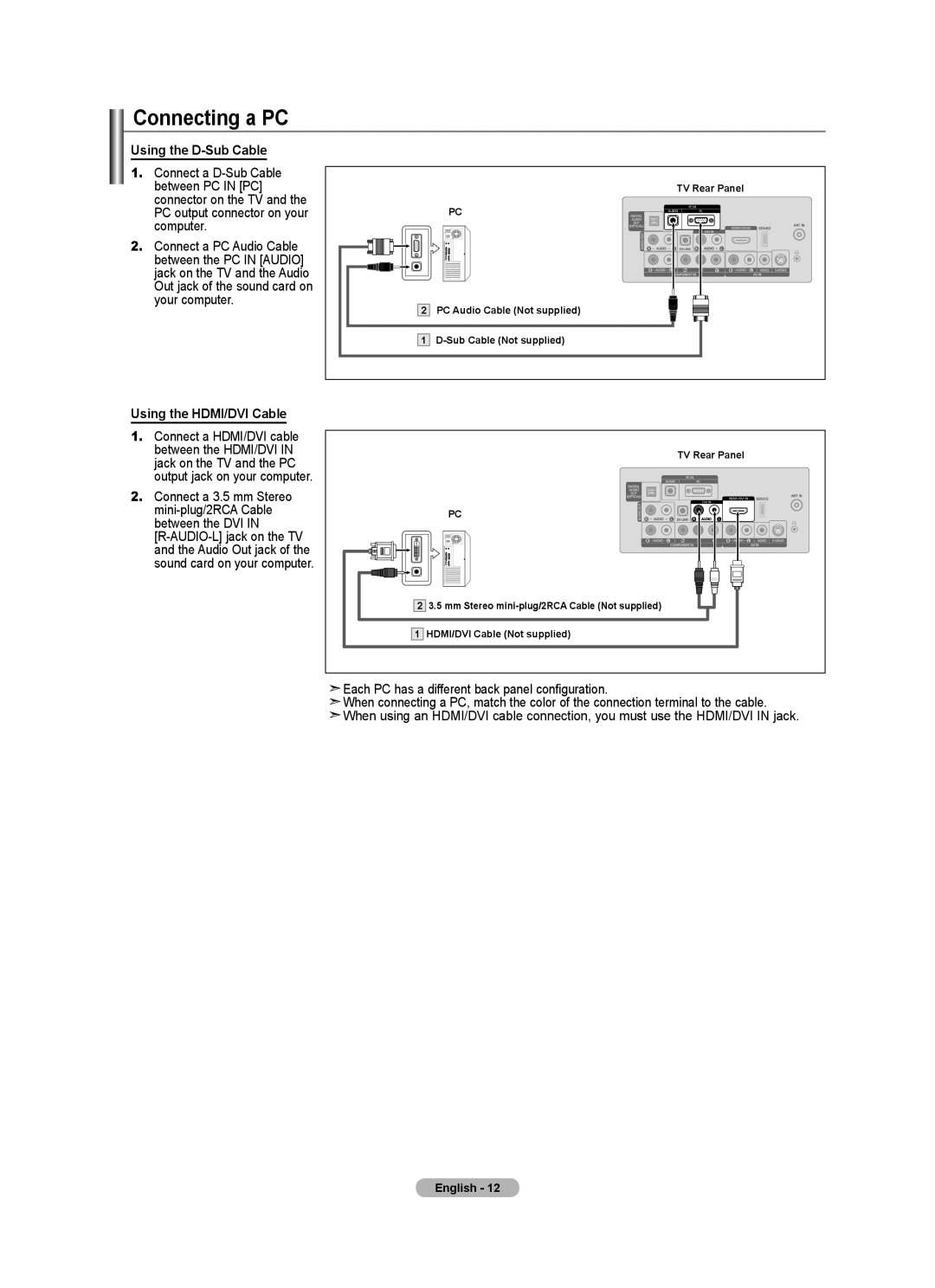 Samsung Series L3, LN22A330, LN22A0J1D user manual Connecting a PC, Using the D-Sub Cable, Using the HDMI/DVI Cable 