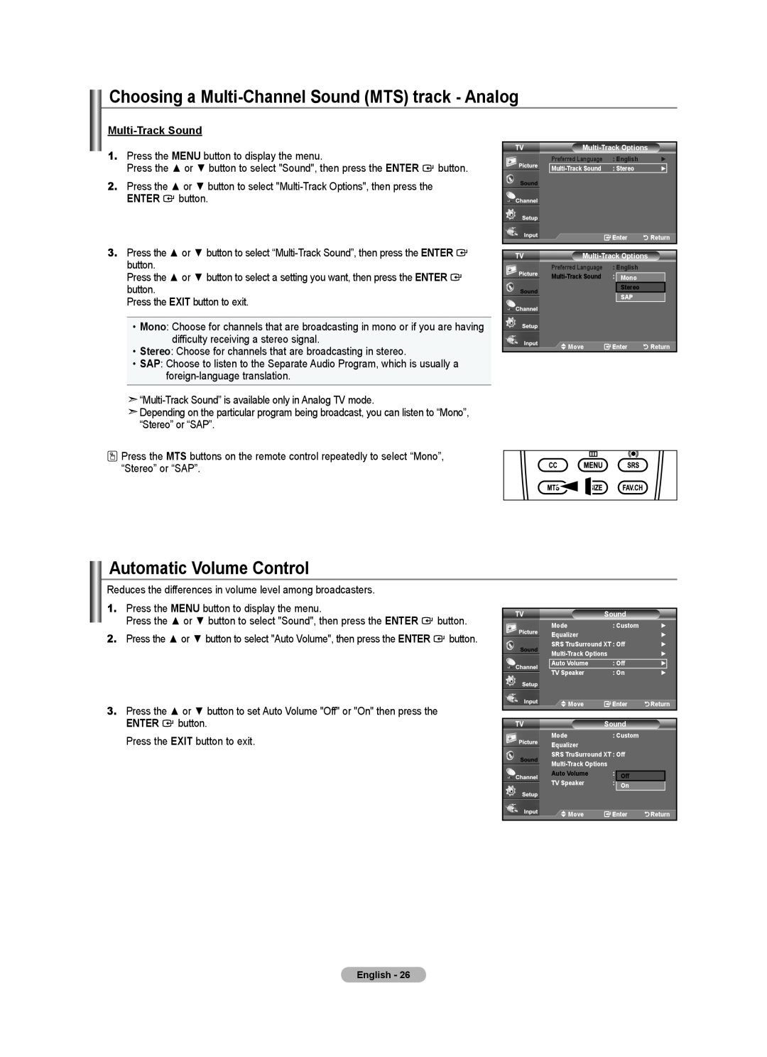 Samsung LN22A0J1D, LN22A330 Choosing a Multi-Channel Sound MTS track - Analog, Automatic Volume Control, Multi-Track Sound 