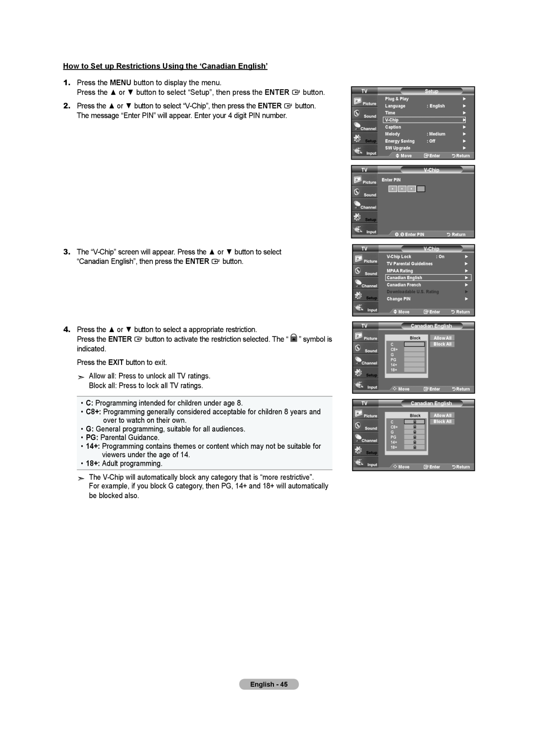 Samsung Series L3, LN22A330, LN22A0J1D user manual How to Set up Restrictions Using the ‘Canadian English’ 