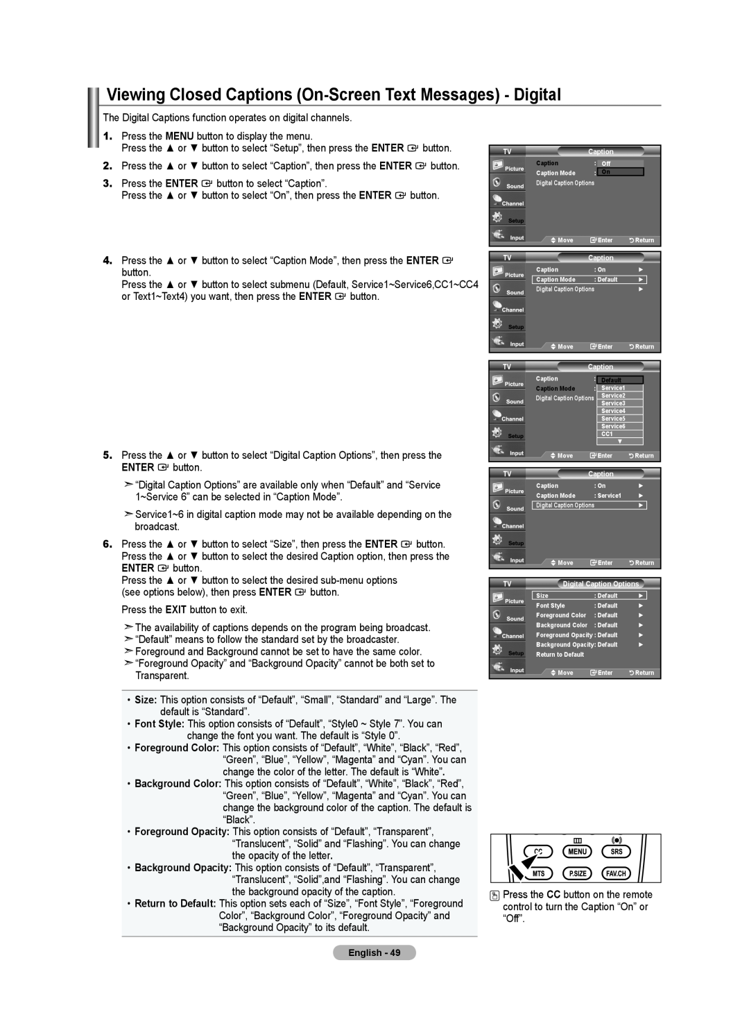 Samsung LN22A330, LN22A0J1D, Series L3 user manual Viewing Closed Captions On-Screen Text Messages - Digital 
