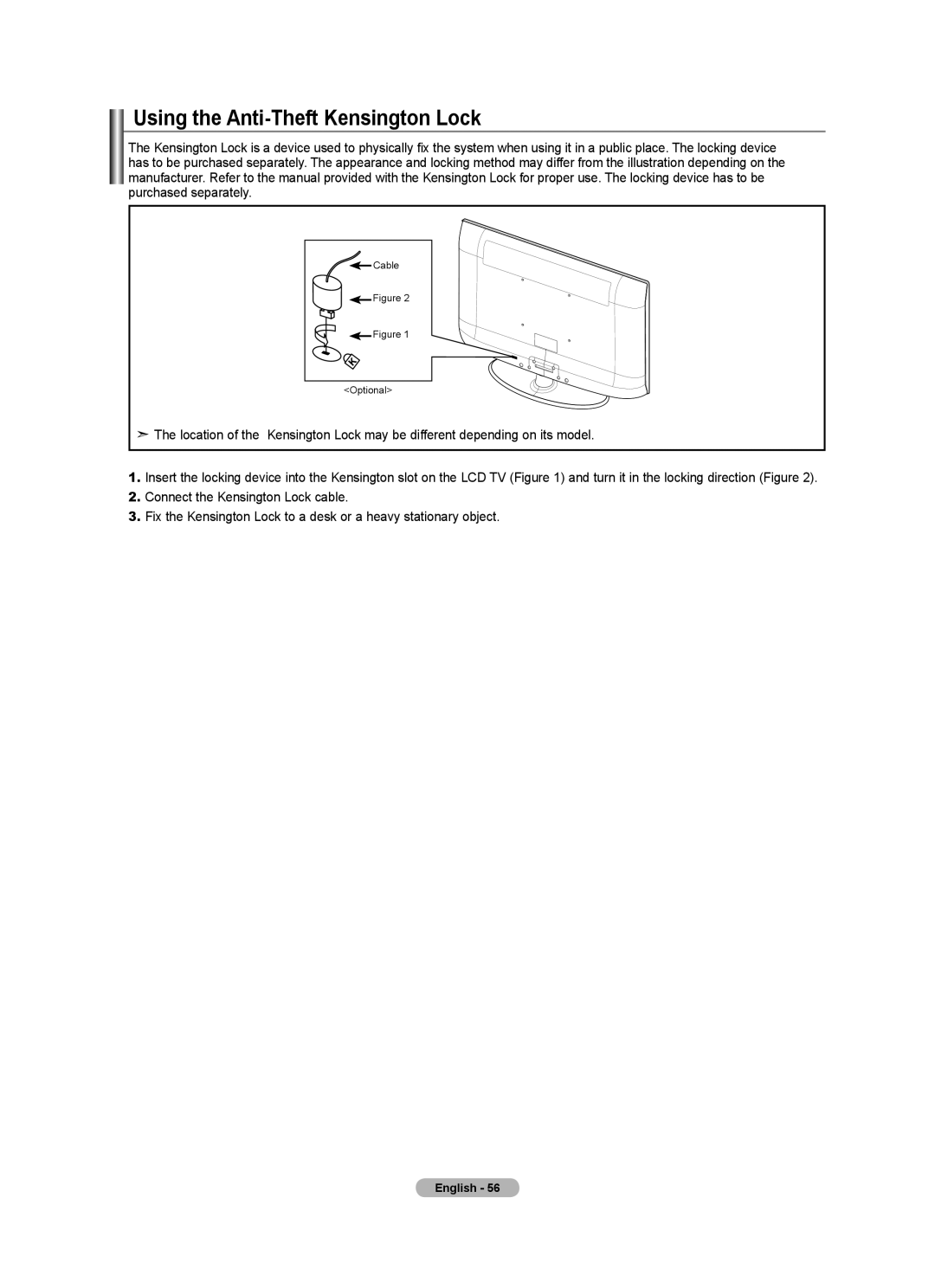 Samsung LN22A0J1D, LN22A330, Series L3 user manual Using the Anti-Theft Kensington Lock, Cable, Optional 