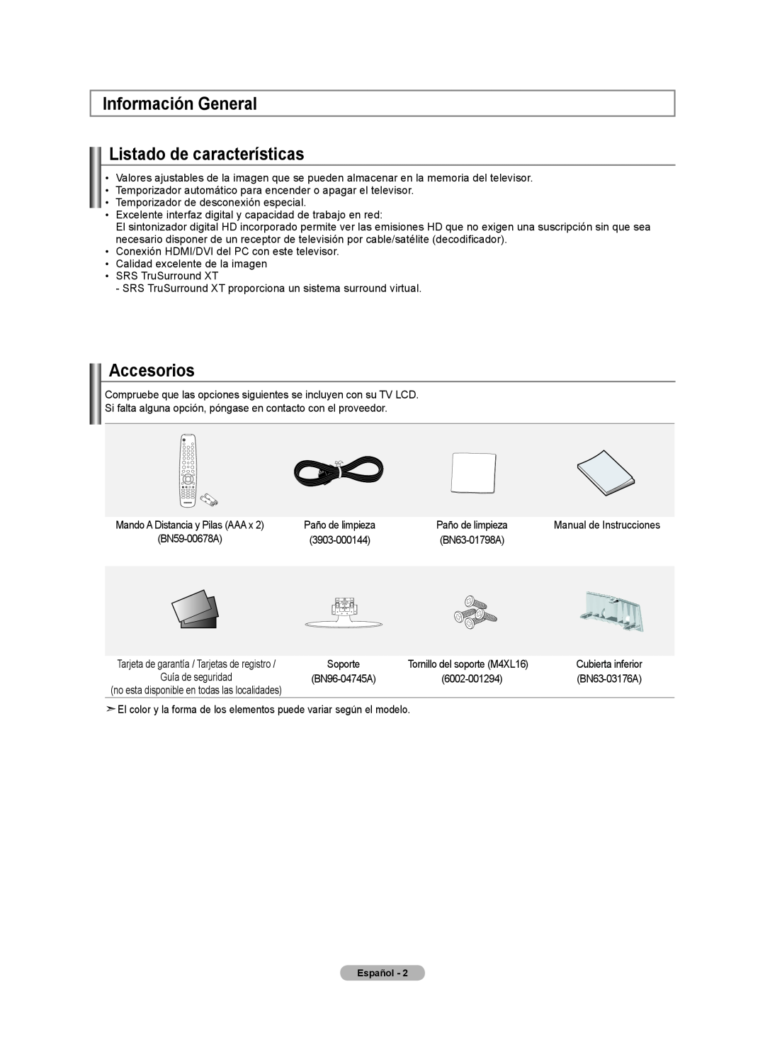 Samsung Series L3, LN22A330 Información General Listado de características, Accesorios, Mando A Distancia y Pilas AAA x 