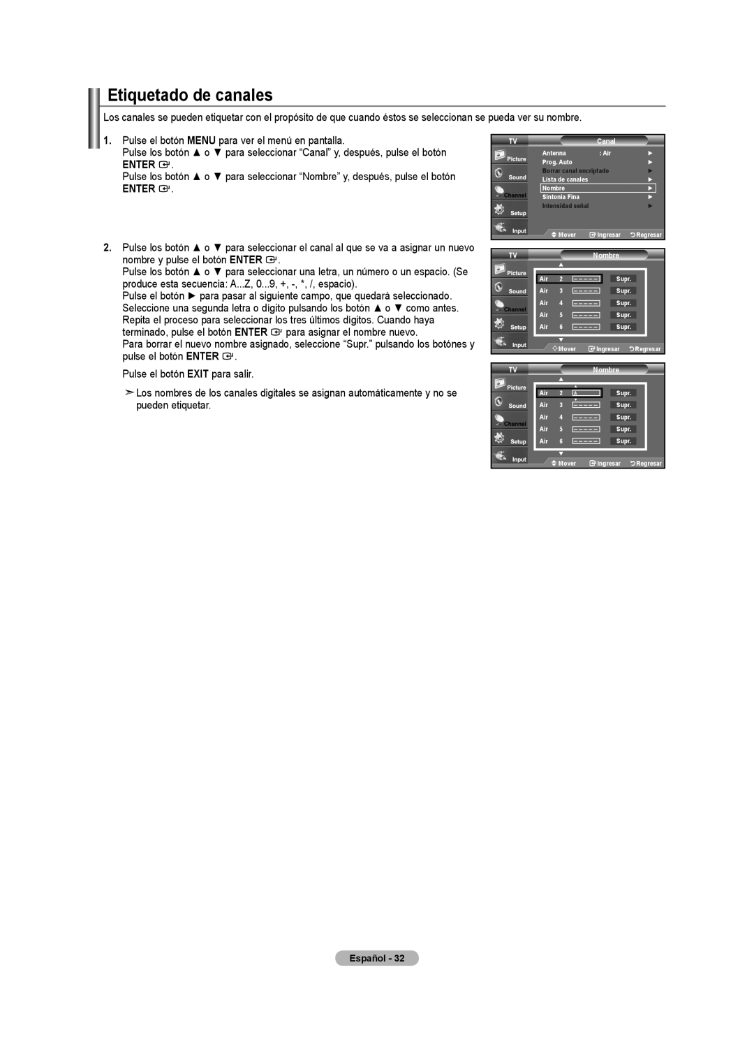 Samsung Series L3, LN22A330, LN22A0J1D user manual Etiquetado de canales, Enter, Borrar canal encriptado 