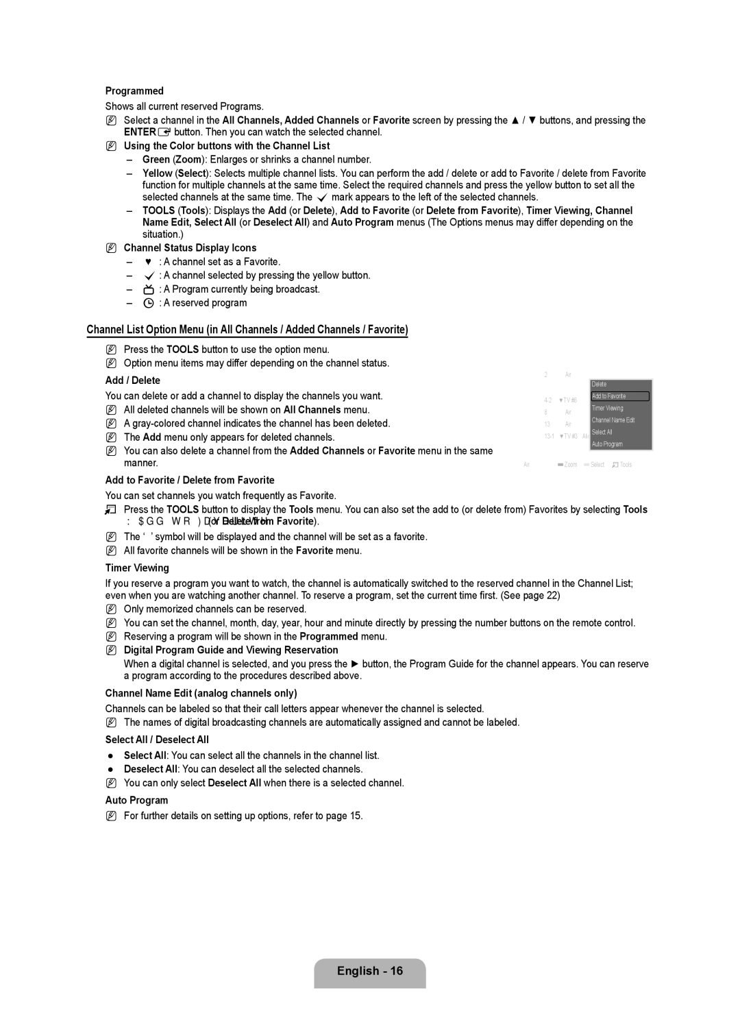 Samsung LN22B50 user manual  Programmed, Using the Color buttons with the Channel List,  Add / Delete,  Timer Viewing 