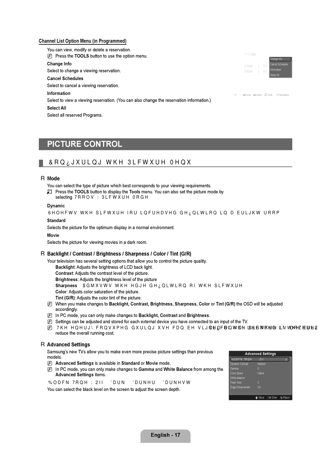 Samsung LN22B50 user manual Picture Control, Configuring the Picture Menu, Channel List Option Menu in Programmed, Mode 