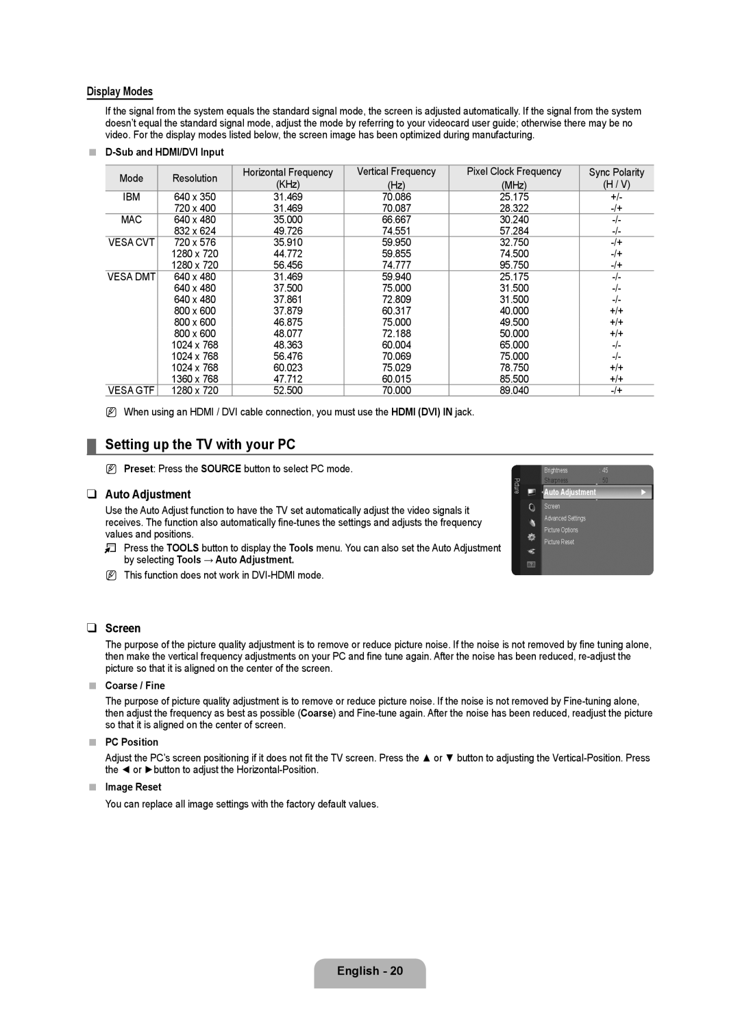 Samsung LN22B50 user manual Setting up the TV with your PC, Display Modes, Auto Adjustment, Screen 