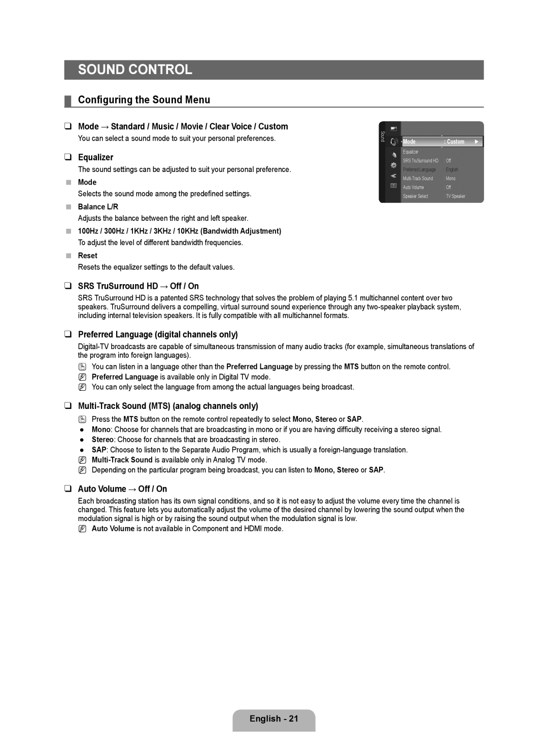 Samsung LN22B50 user manual Sound Control, Configuring the Sound Menu 