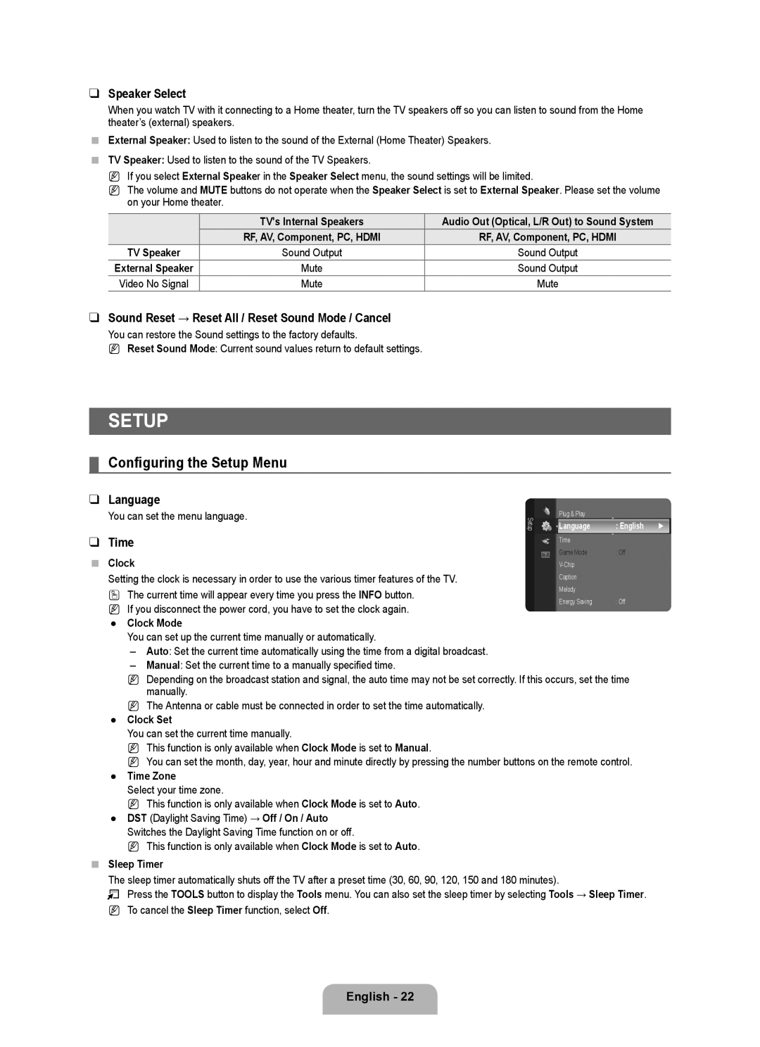 Samsung LN22B50 user manual Configuring the Setup Menu 