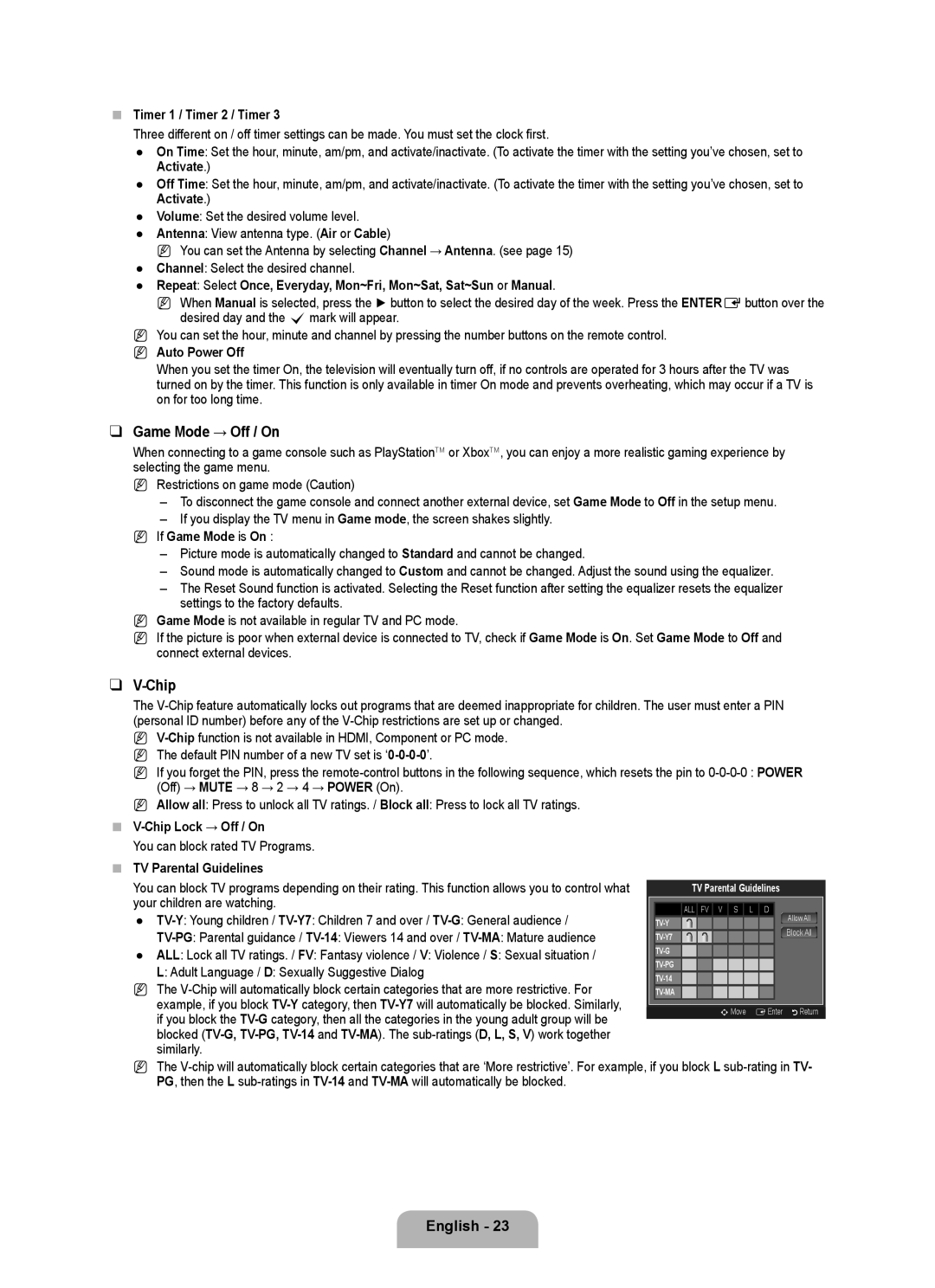 Samsung LN22B50 user manual Game Mode → Off / On, Chip 