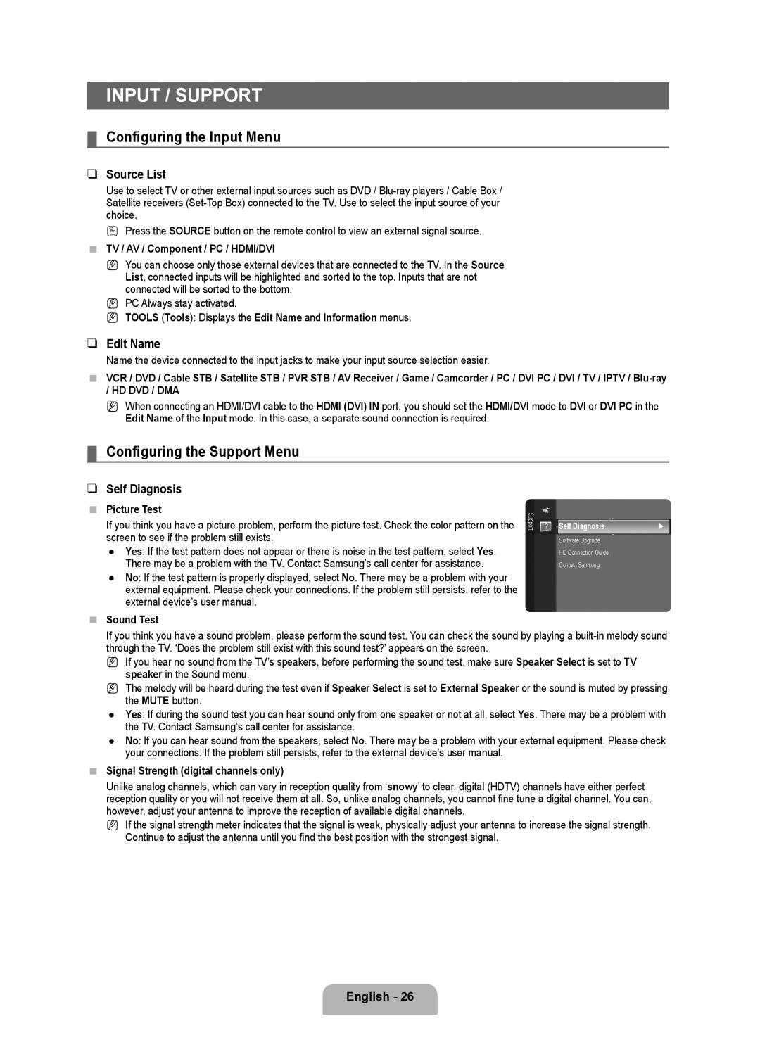 Samsung LN22B50 user manual Input / Support, Configuring the Input Menu, Configuring the Support Menu 