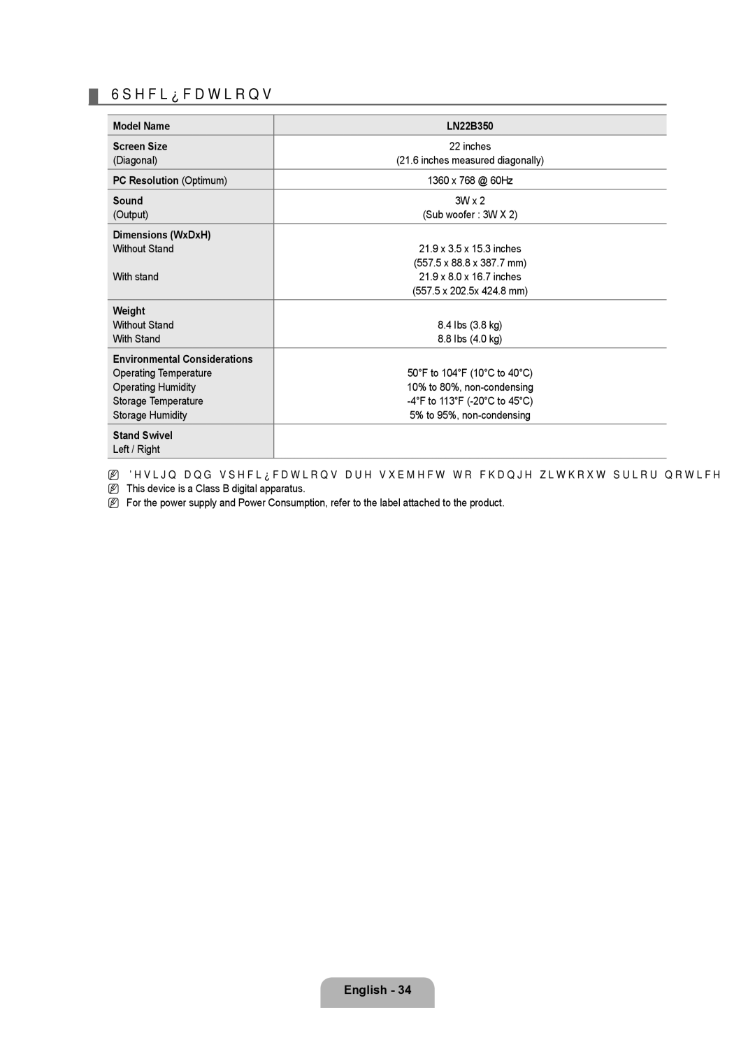 Samsung LN22B50 user manual Specifications 