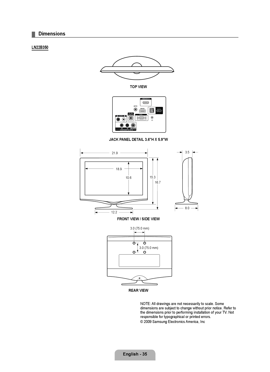 Samsung LN22B50 user manual Dimensions, LN22B350 